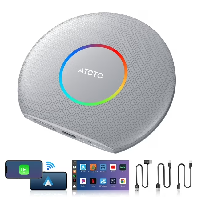 ATOTO Carplay Ai Box,Wireless CarPlay & Android Auto Adapter Car Smart Box,Compatible with Netfl!x/YouTube/TIK Tok/Screen Mirror Link/TF Card 8GB+128GB Suitable for Cars Silver