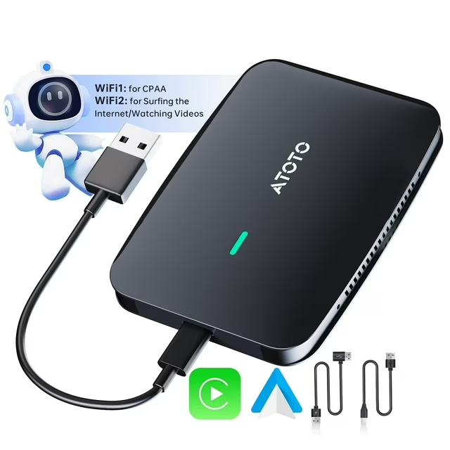 ATOTO Carplay Ai Box Android Auto Wireless Adapter with Dual Bluetooth 2GB+16GB , 4-in-1 Video Box Netflix-YouTube for OEM Wired CarPlay Android Auto Stereo