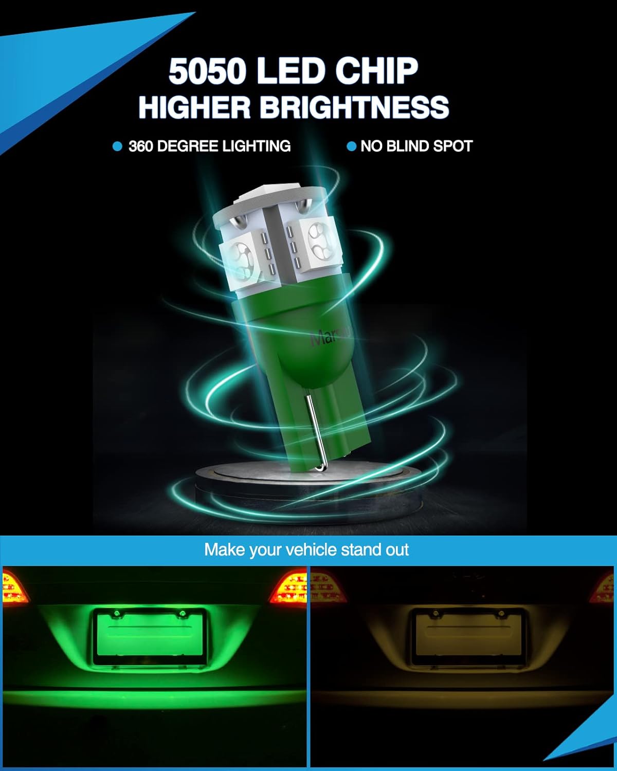 Marsauto 194 LED Light Bulb Green, 168 T10 2825 LED Replacement Bulbs for Car Dome Map Door Courtesy License Plate Lights (Pack of 10)