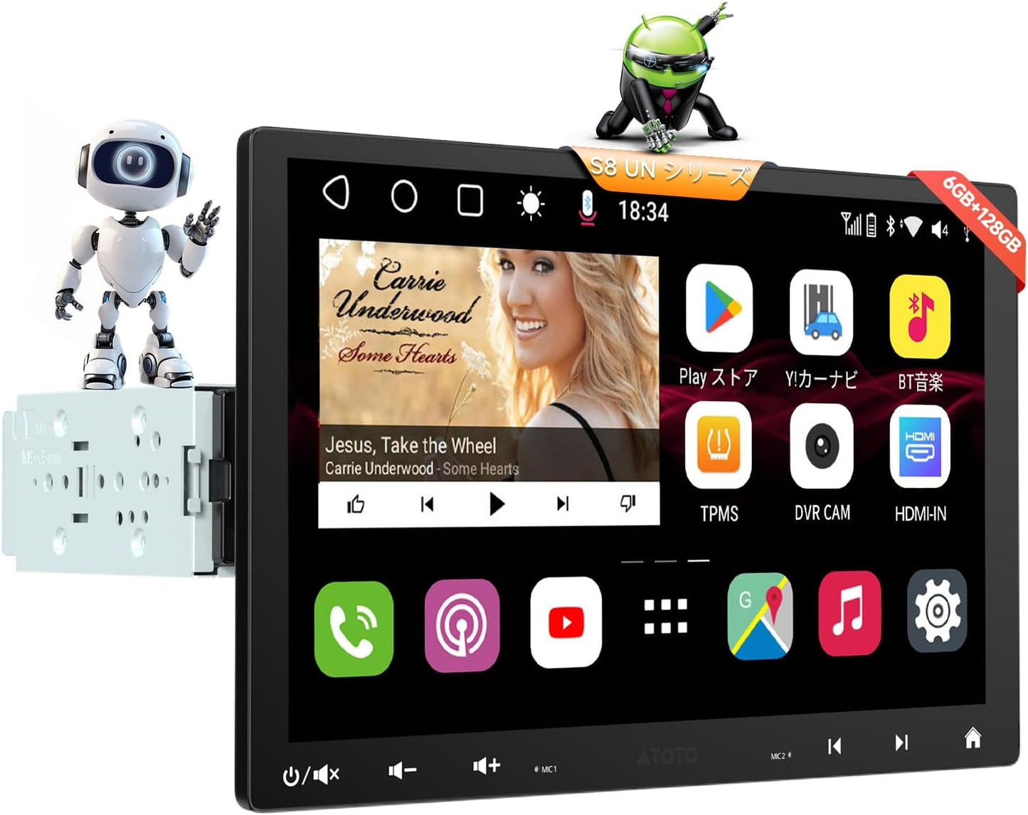 ATOTOMOVE S8 Ultra 10.1インチ シングル&ダブルDIN Android カーステレオ フローティングQLEDタッチスクリーン 6+128GB ワイヤレスCarPlay/Android Auto ChatGPT搭載 4G内蔵 DSP&SCVC デュアルBluetooth対応
