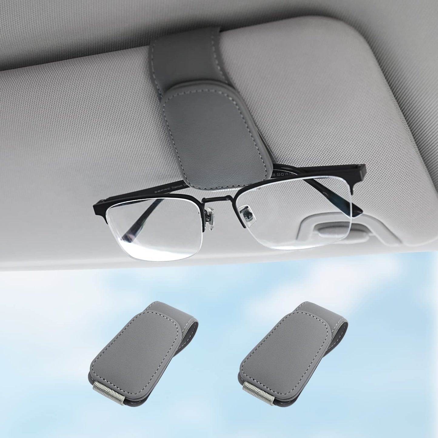 Sunglass Holder for Car Visor Sunglasses Clip Magnetic Leather Glasses Eyeglass Holder Interior Car Accessories for Woman Man -2 Packs Black