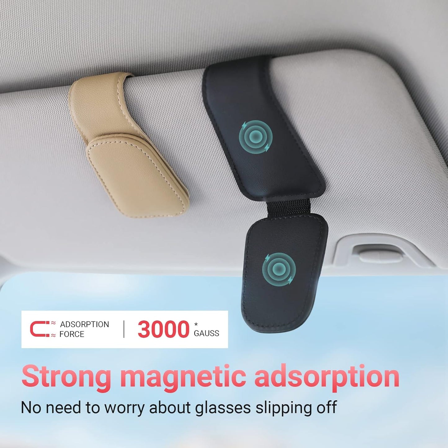 Sunglass Holder for Car Visor Sunglasses Clip Magnetic Leather Glasses Eyeglass Holder Interior Car Accessories for Woman Man -2 Packs Black