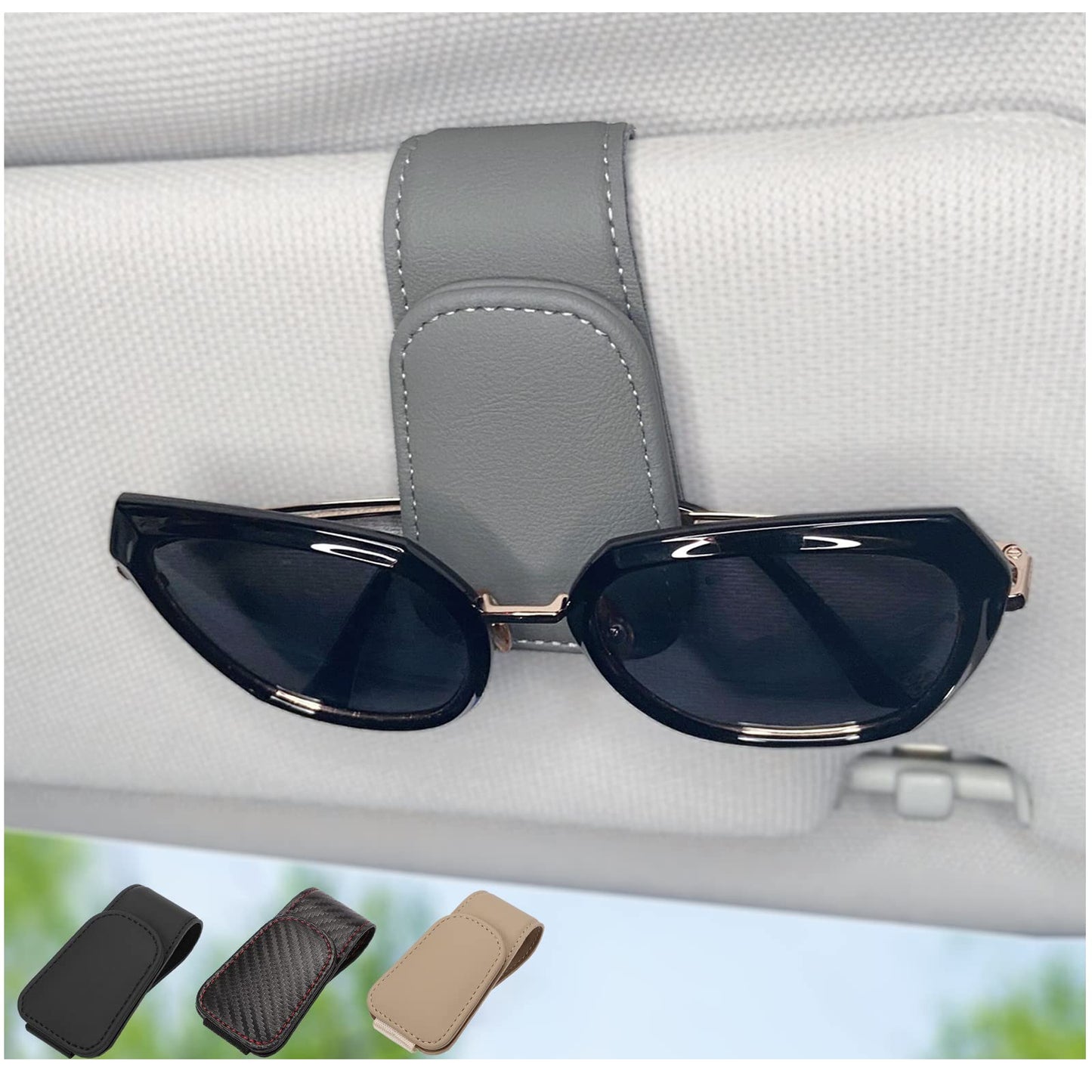 Magnetic Leather Sunglass Holder for Car, Sunglasses Clip for Car Visor, Auto Interior Accessories Universal for Different Size Eyeglasses (Carbon Fiber)