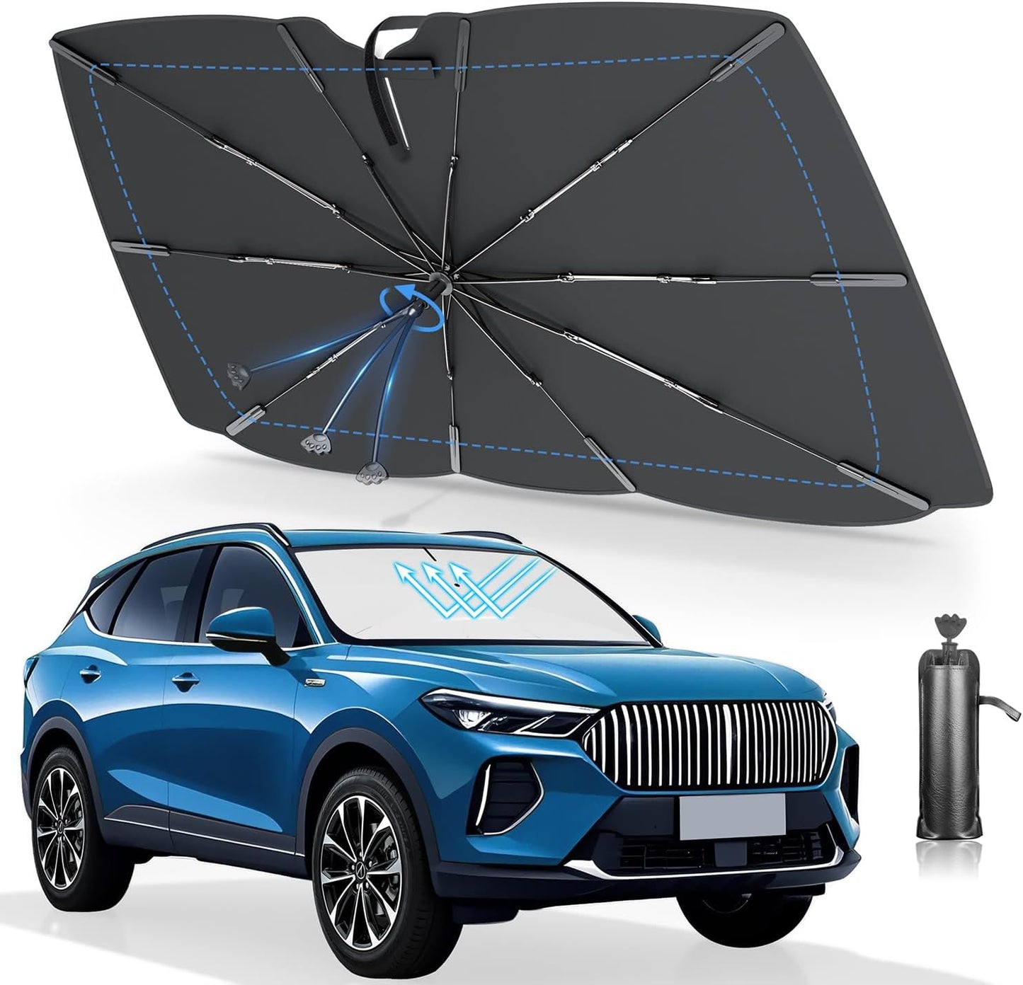 サンシェード 車 フロント 【2025改良型 完全フィット・日本特許】 車用サンシェード 傘型 折りたたみ式 紫外線99%カット 遮熱 遮光 取り付け簡単 バックミラー対応 中棒なし 曲がるTPU中棒 強化10本骨 車中泊 仮眠 暑さ対策 ワンサイズ(約10cm調整可能) 内装傷防止 全車種対応 収納ポーチ付き