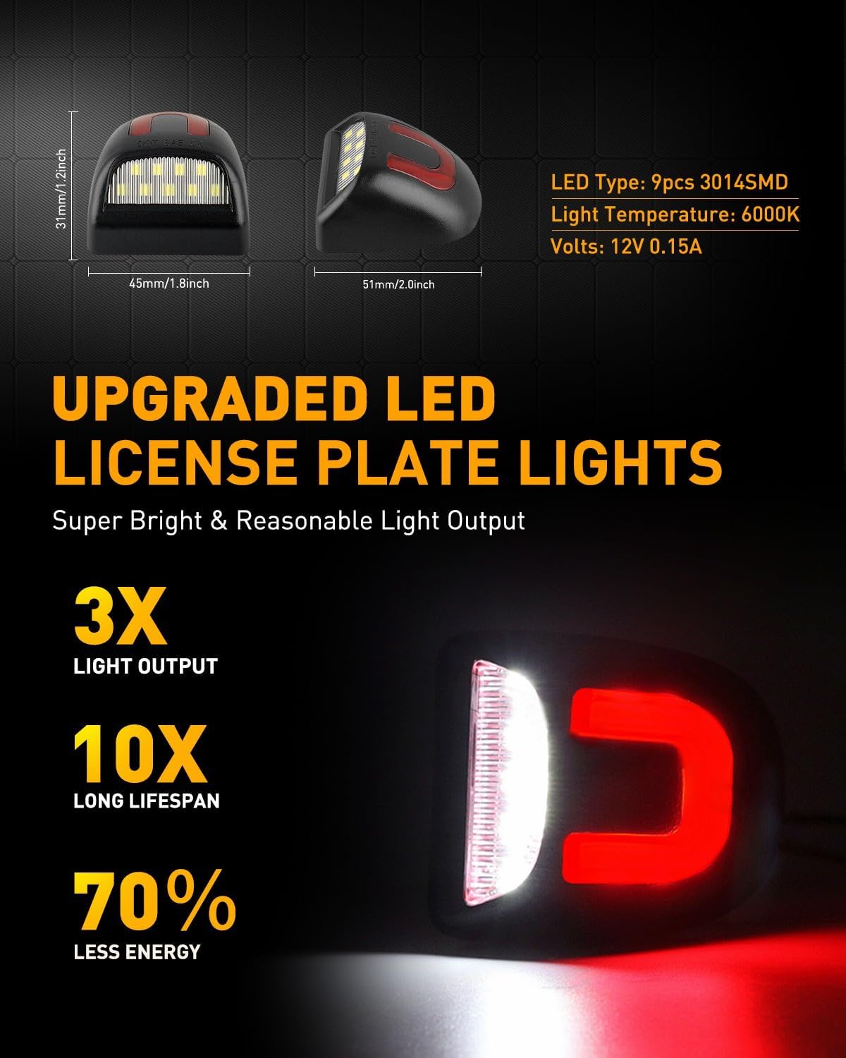LESAUCE Red U-shaped LED License Plate Lights Tag Lamp Assembly Replacement for Chevy Silverado 1500 2500 3500 Suburban Tahoe GMC Sierra Yukon XL, 6000K White, Pack of 2