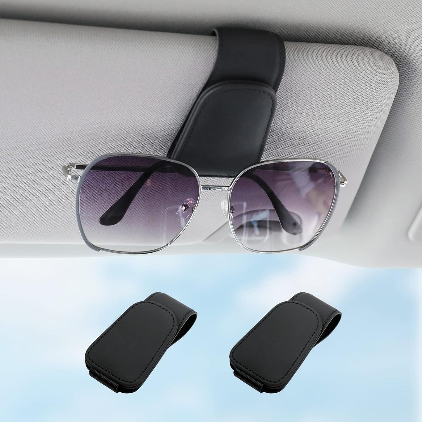 Sunglass Holder for Car Visor Sunglasses Clip Magnetic Leather Glasses Eyeglass Holder Interior Car Accessories for Woman Man -2 Packs Black