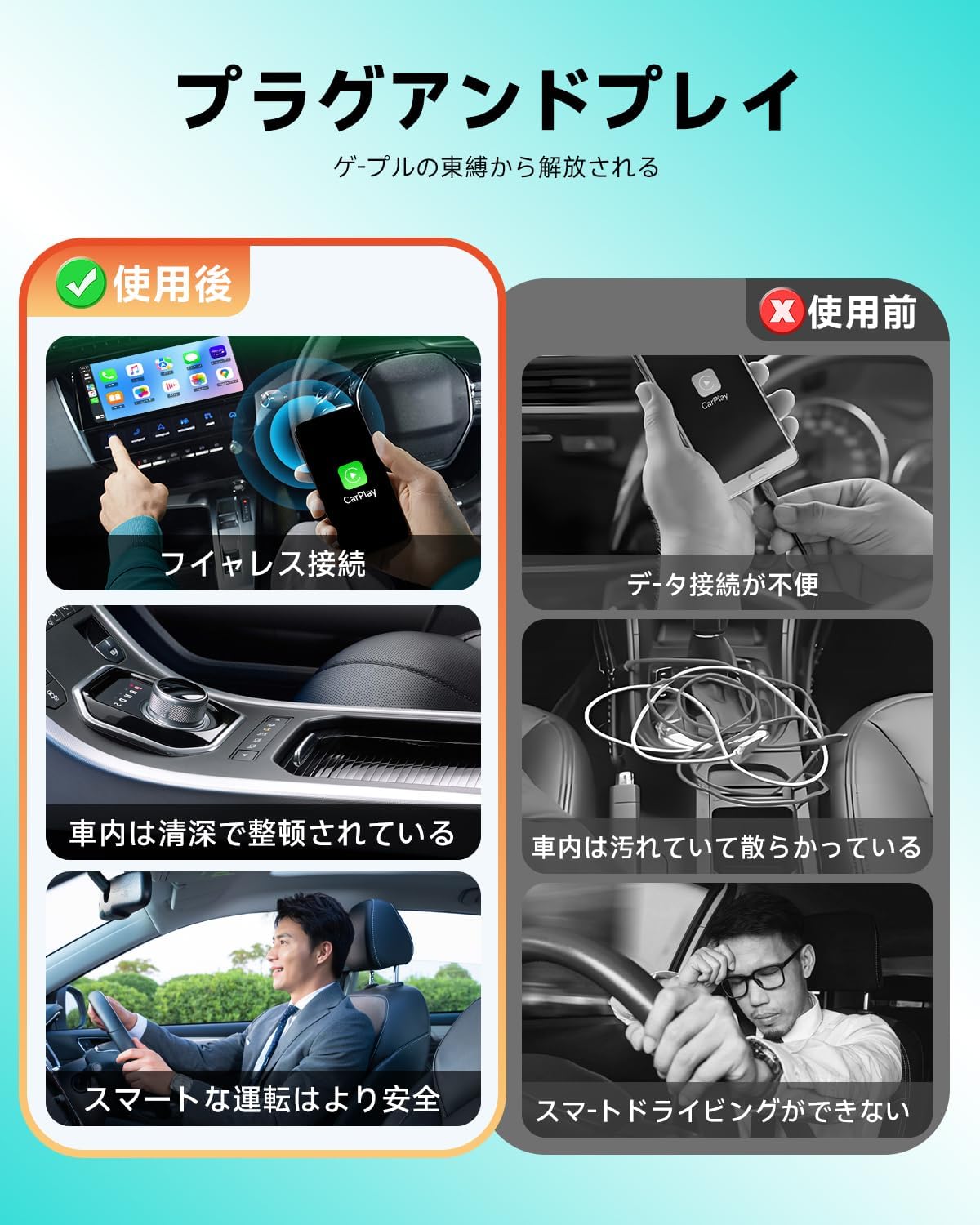 【両端ヘッドのデザイン ワイヤレスアダプター最新登場】HEYINCAR+ ワイヤレスCarPlay/Android Auto アダプター CarPlay&AndroidAutoをワイヤレス化 アダプタケーブル不要 純正な有線CarPlay/Android Auto搭載する車専用 Bluetooth/音楽/多言語対応 ワイヤレスディスプレイアダプター 自動接続 技適認証取得済み 日本語取扱説明書付き