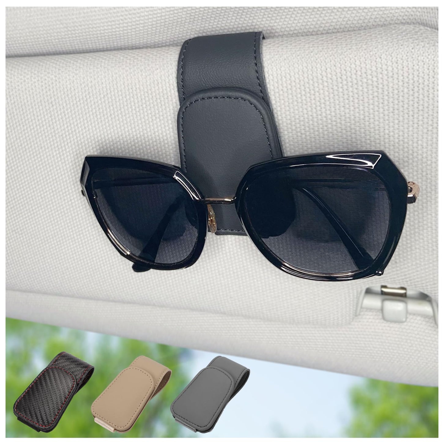 Magnetic Leather Sunglass Holder for Car, Sunglasses Clip for Car Visor, Auto Interior Accessories Universal for Different Size Eyeglasses (Carbon Fiber)