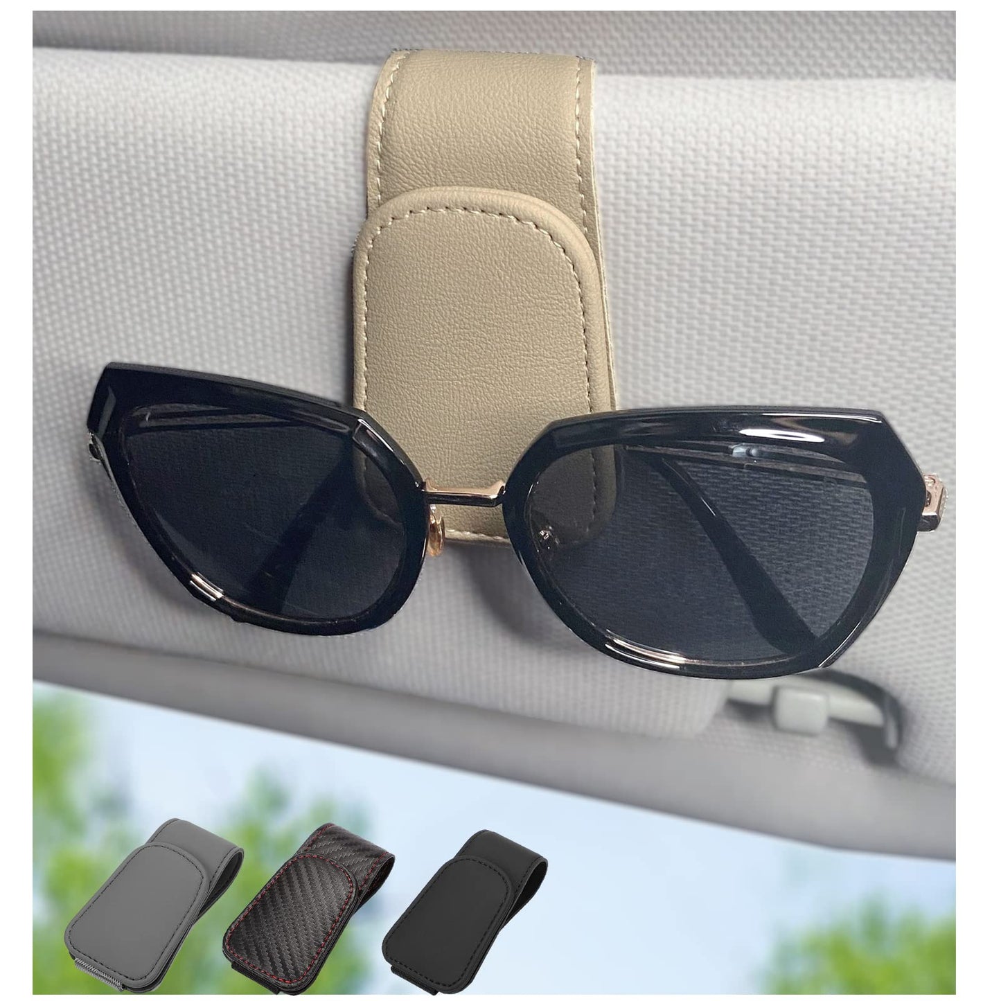 Magnetic Leather Sunglass Holder for Car, Sunglasses Clip for Car Visor, Auto Interior Accessories Universal for Different Size Eyeglasses (Carbon Fiber)