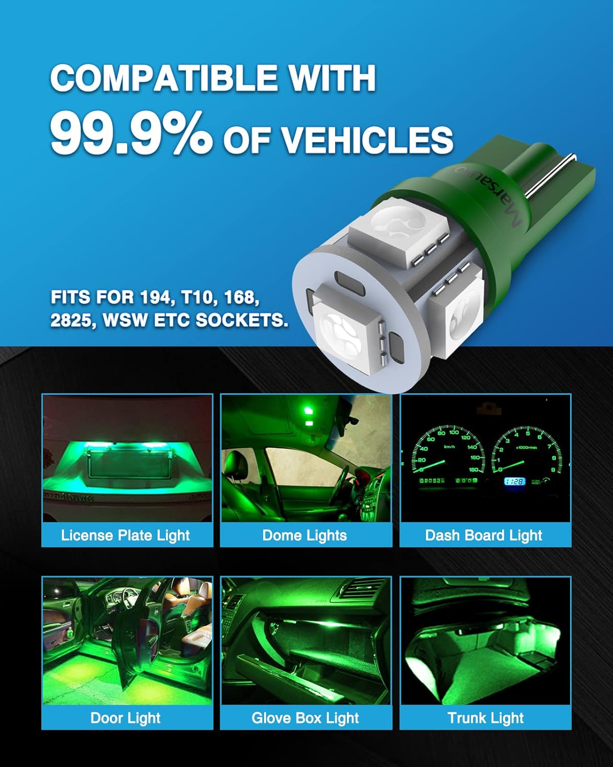 Marsauto 194 LED Light Bulb Green, 168 T10 2825 LED Replacement Bulbs for Car Dome Map Door Courtesy License Plate Lights (Pack of 10)