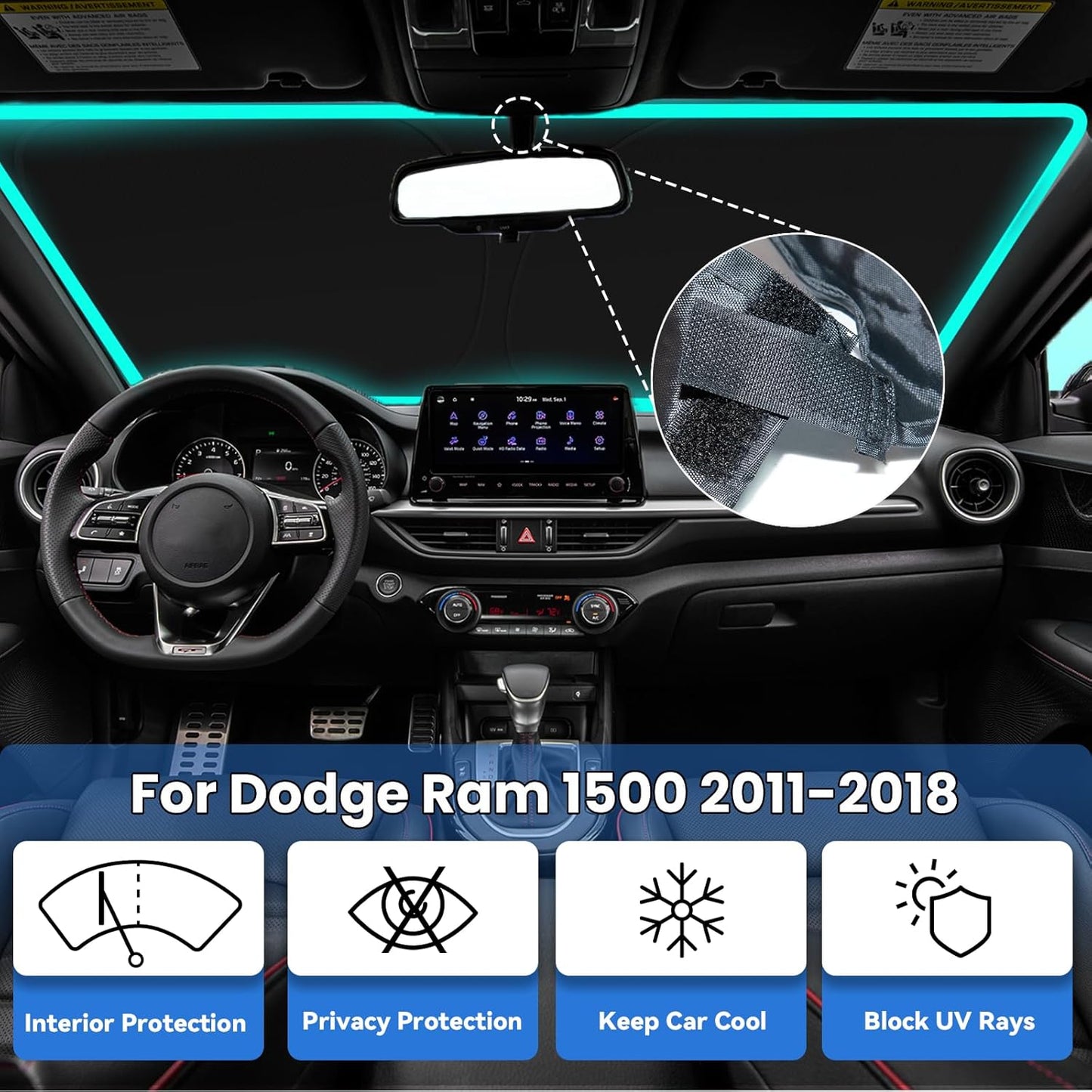 Windshield Sun Shade for 2011-2018 Dodge Ram 1500, Car Front Window Sunshade with 240T Sun Visor Protector Blocks UV Rays Heat Sun Shield Accessories
