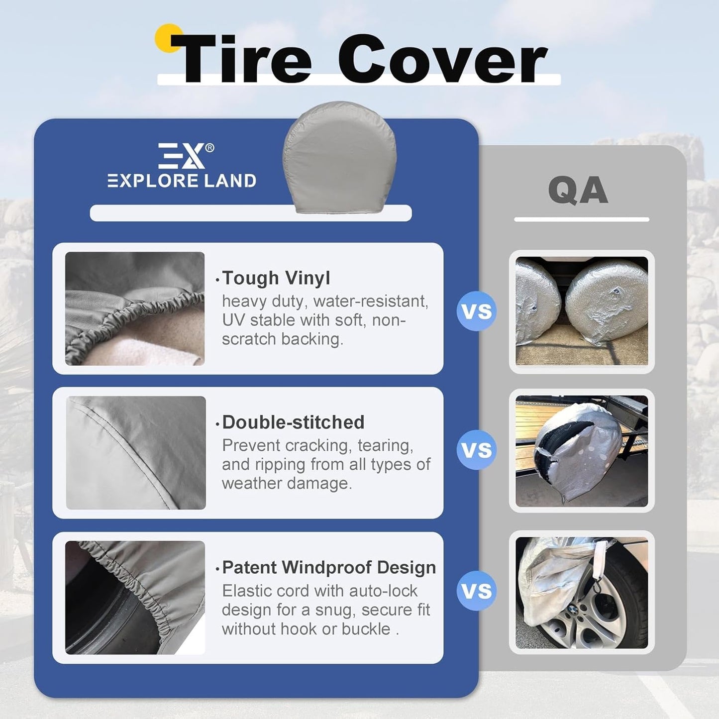 Explore Land Tire Covers 4 Pack - Tough Wheel Protector for Truck, SUV, Trailer, Camper, RV Universal Fits Tire Diameters 39-42 inches, Charcoal
