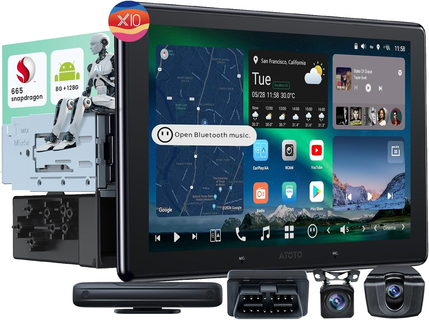 X10 8-Core 10.1" Single & Double Din Android 13 Car Stereo with 1080P Dash Cam Front and Rear +OBD2 Scanner 5in1, 8+128G Floating QLED Touchscreen Wireless CarPlay Android Auto Car Radio with ChatGPT