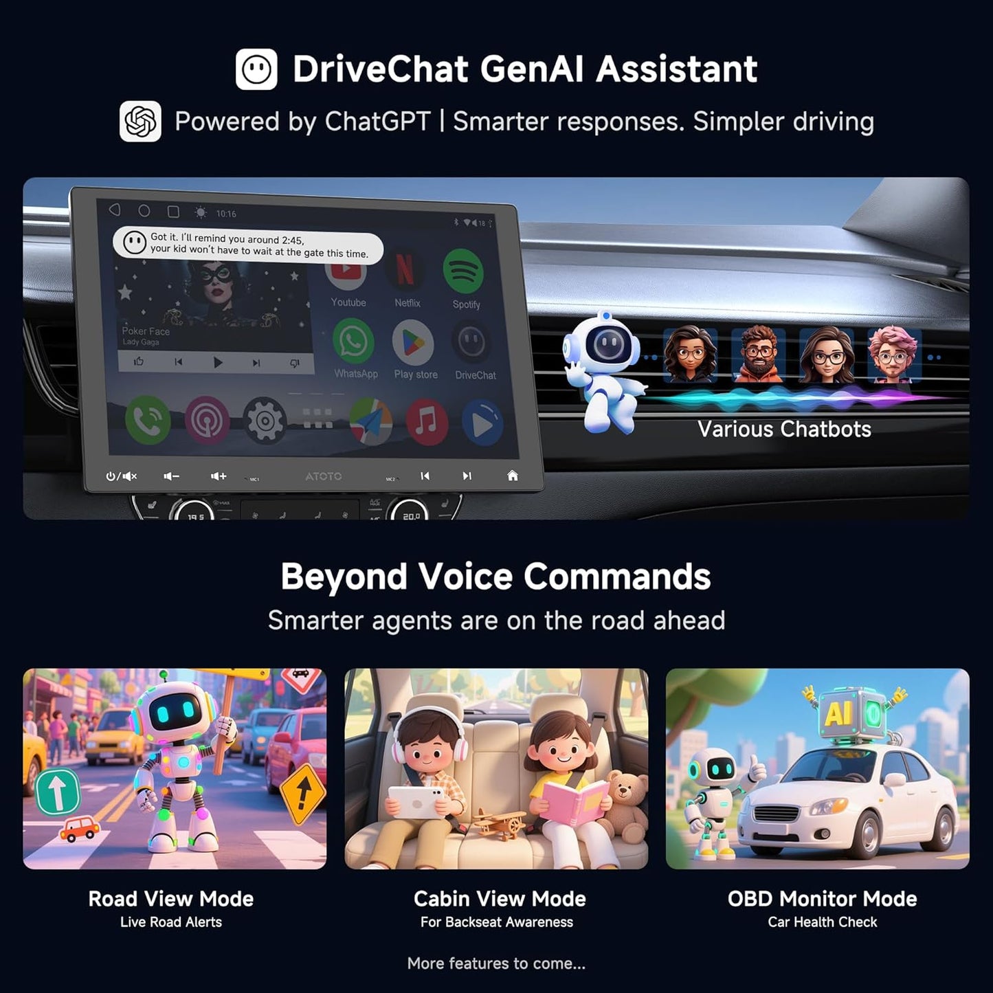 A6PF 8-Core 10.1" Single & Double Din Android Car Stereo, 2+32G Wireless CarPlay Android Auto Car Radio with Floating QLED Touchscreen, ChatGPT, GPS Tracker, HD LRV, WiFi/BT/USB, Dual Bluetooth