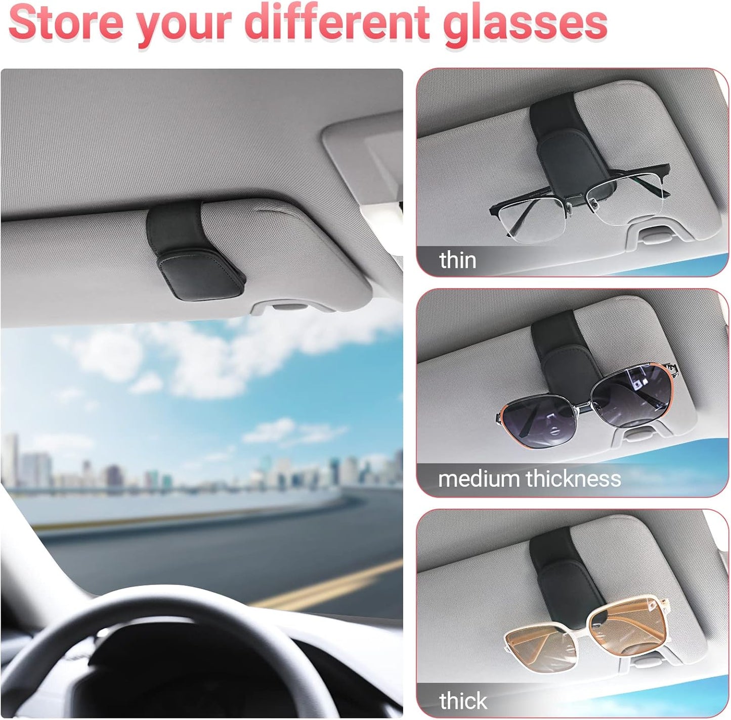Sunglass Holder for Car Visor Sunglasses Clip Magnetic Leather Glasses Eyeglass Holder Interior Car Accessories for Woman Man -2 Packs Black