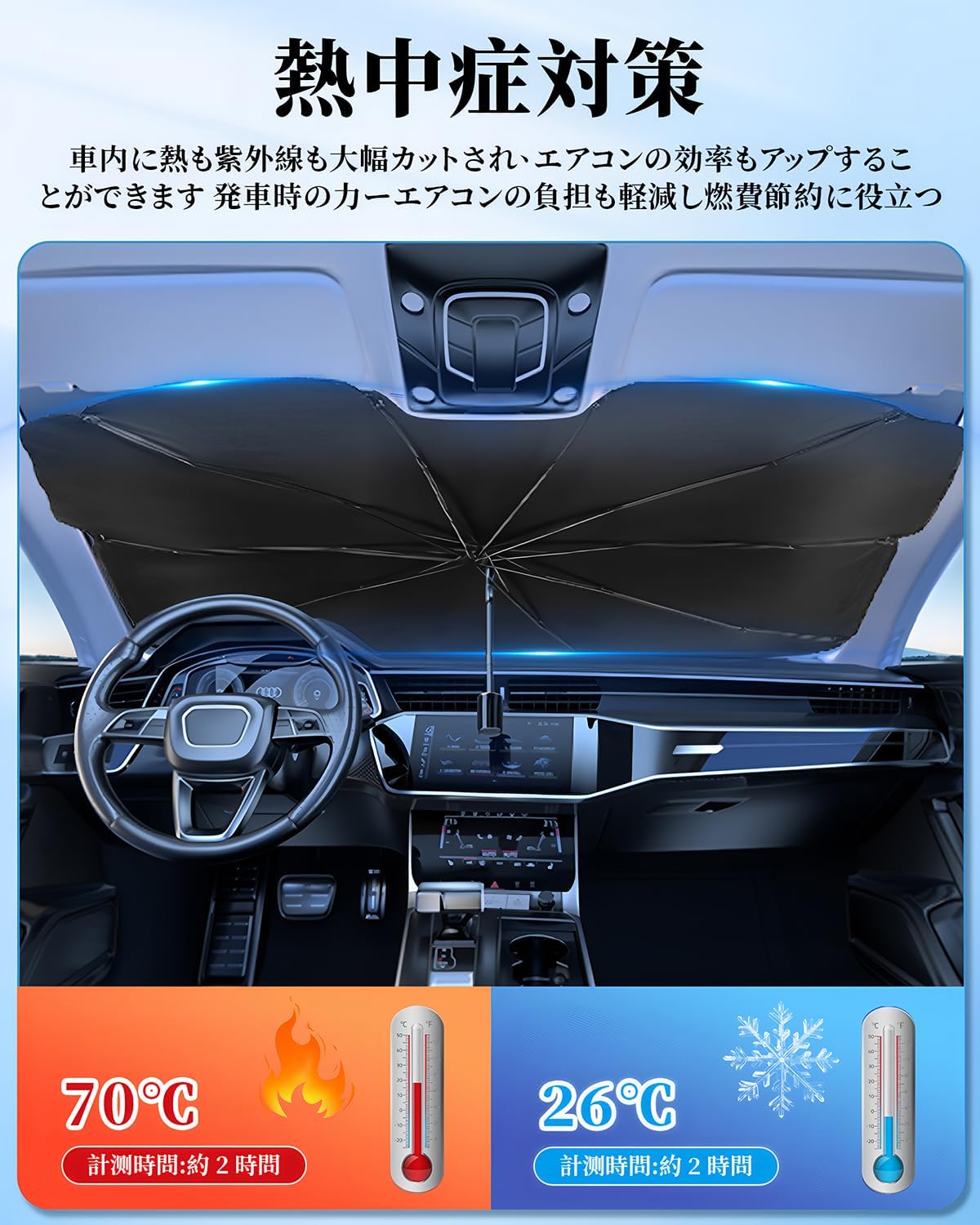 車用サンシェード 【2025新版軽自動車/コンパクトカー用】サンシェード 車 フロント 傘型 シンシェード 軽自動車 フロント ガラス用さんしえーど 車 ひよけシェード 遮光 遮熱 UVカット紫外線遮蔽 内装劣化防止 プライバシー保護 取り付き簡単 収納便利 車用パラソル カー用品 車 日除け 熱中症対策 車中泊 収納ポーチ付き（125*65CM）