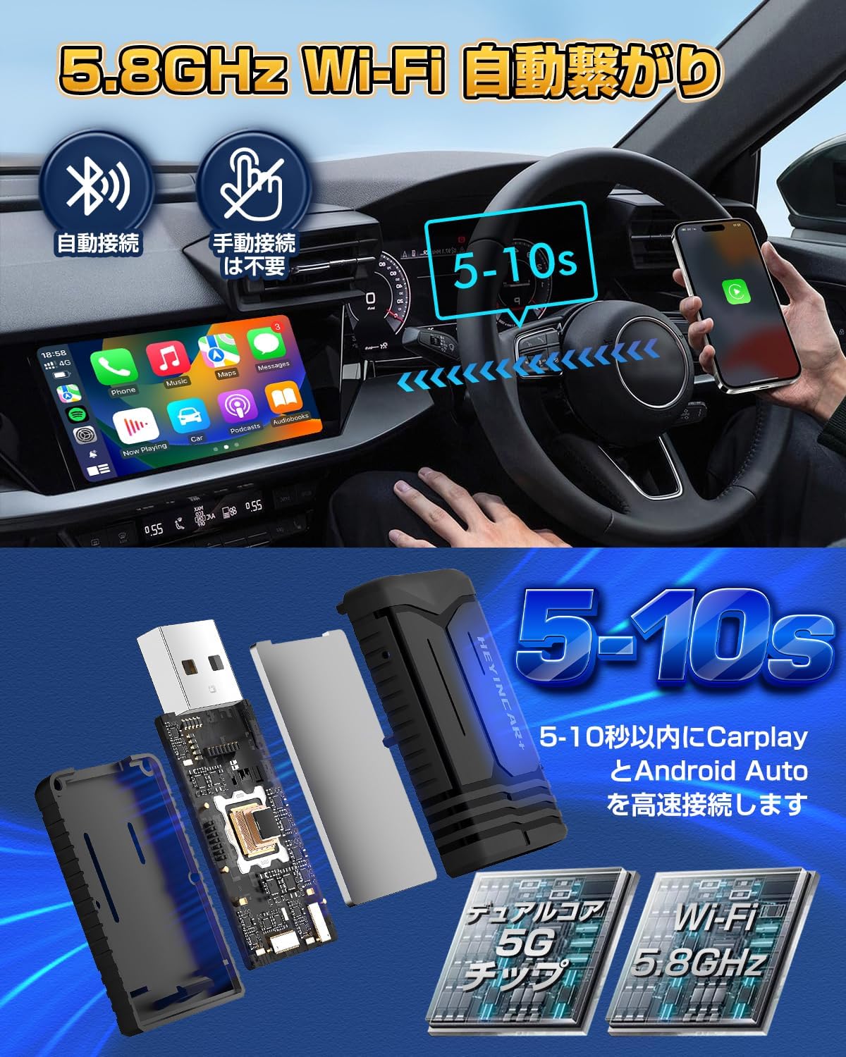 【コンパクトな設計 ワイヤレスアダプター最新登場】HEYINCAR+ ワイヤレスCarPlay/Android Auto アダプター CarPlay＆AndroidAutoをワイヤレス化 純正な有線CarPlay/Android Auto搭載する車専用 Bluetooth/音楽/多言語対応 ワイヤレスディスプレイアダプター 自動接続 98%以上の車種適用 技適認証取得済み 日本語取扱説明書付き
