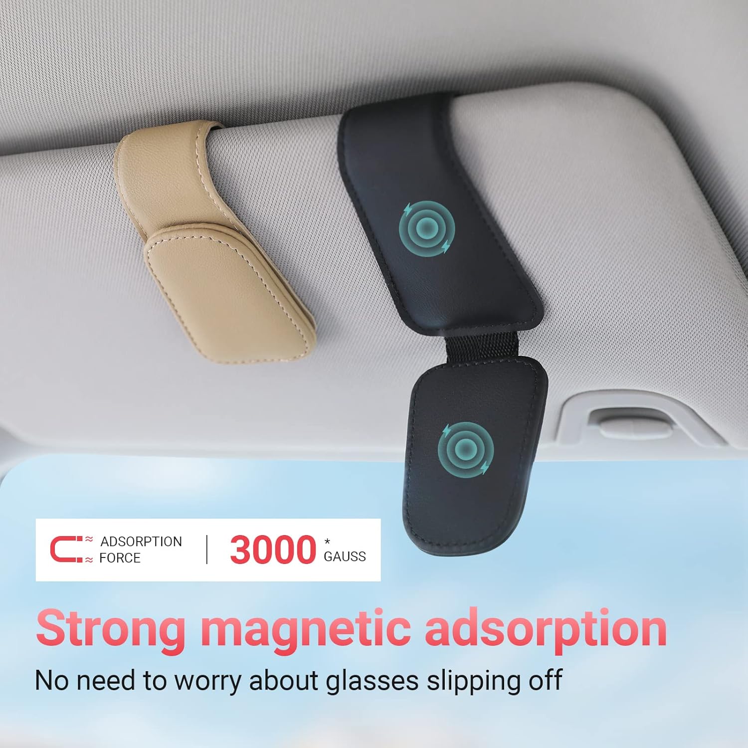 Sunglass Holder for Car Visor Sunglasses Clip Magnetic Leather Glasses Eyeglass Holder Interior Car Accessories for Woman Man -2 Packs Black