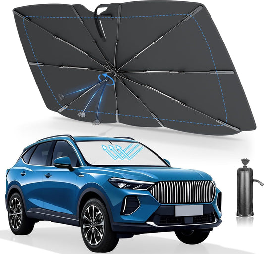 サンシェード 車 フロント 【2025改良型 完全フィット・日本特許】 車用サンシェード 傘型 折りたたみ式 紫外線99%カット 遮熱 遮光 取り付け簡単 バックミラー対応 中棒なし 曲がるTPU中棒 強化10本骨 車中泊 仮眠 暑さ対策 ワンサイズ(約10cm調整可能) 内装傷防止 全車種対応 収納ポーチ付き