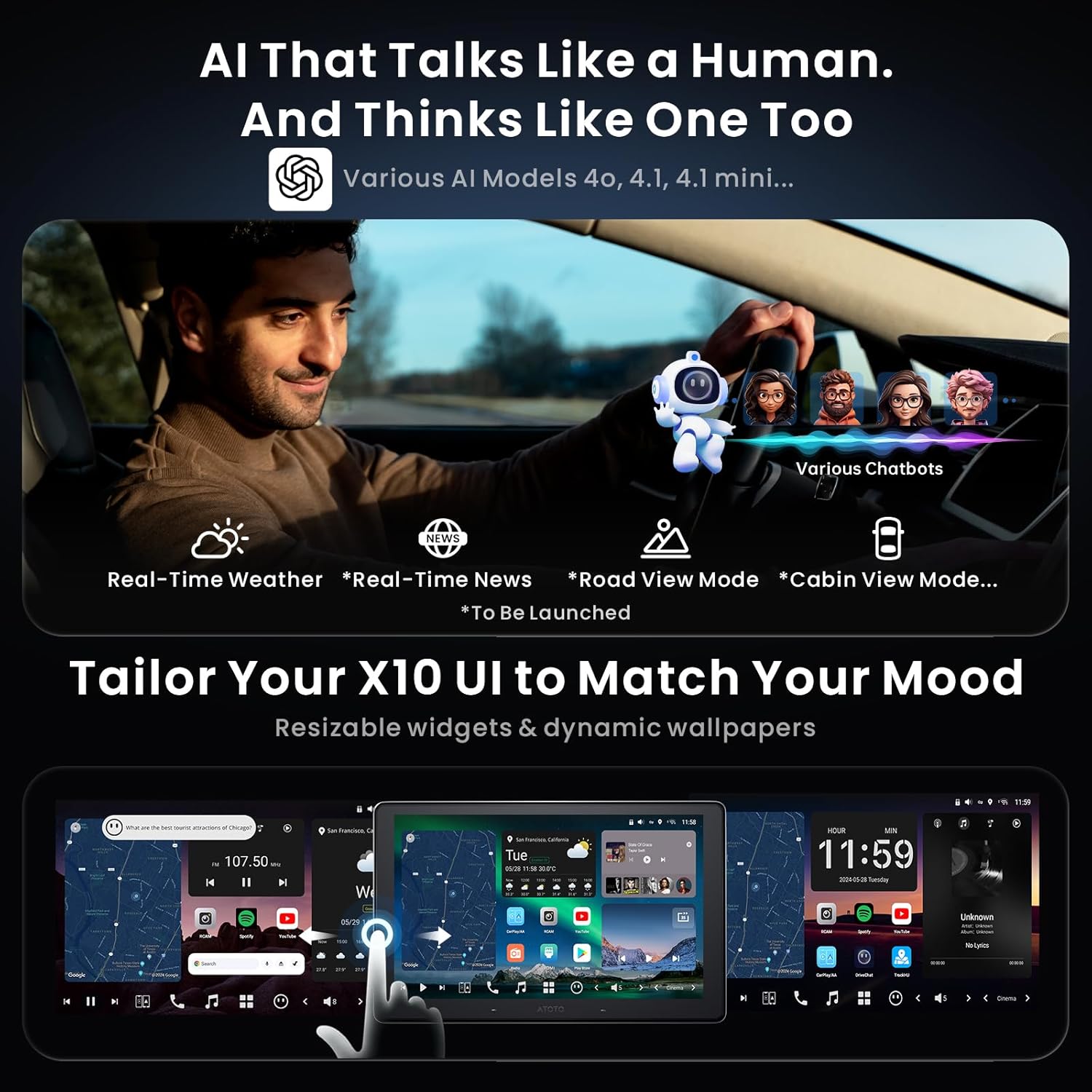 X10 8-Core 10.1" Single & Double Din Android 13 Car Stereo with 1080P Dash Cam Front and Rear +OBD2 Scanner 5in1, 8+128G Floating QLED Touchscreen Wireless CarPlay Android Auto Car Radio with ChatGPT