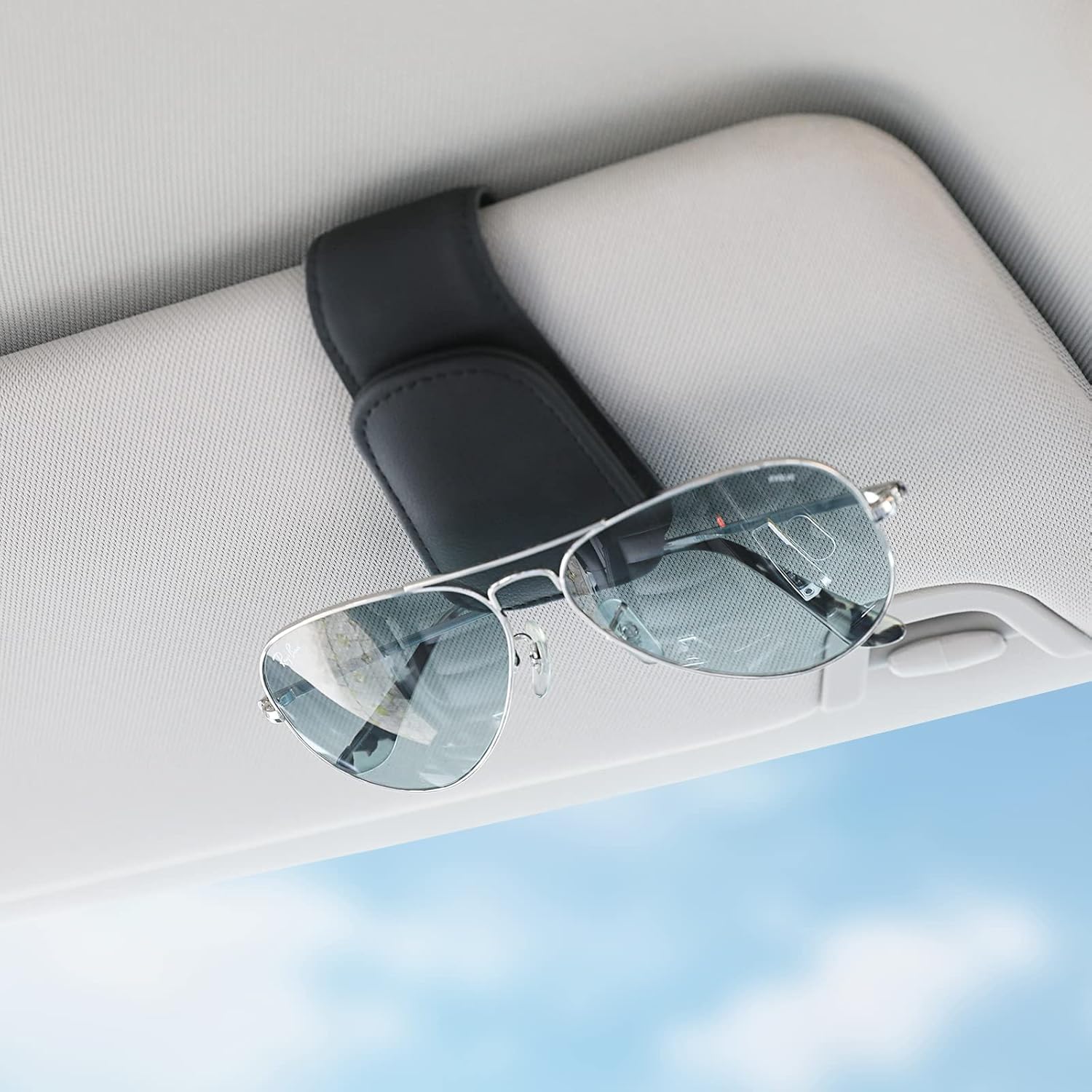 Sunglass Holder for Car Visor Sunglasses Clip Magnetic Leather Glasses Eyeglass Holder Interior Car Accessories for Woman Man -2 Packs Black