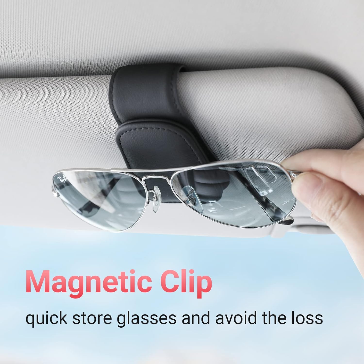 Sunglass Holder for Car Visor Sunglasses Clip Magnetic Leather Glasses Eyeglass Holder Interior Car Accessories for Woman Man -2 Packs Black