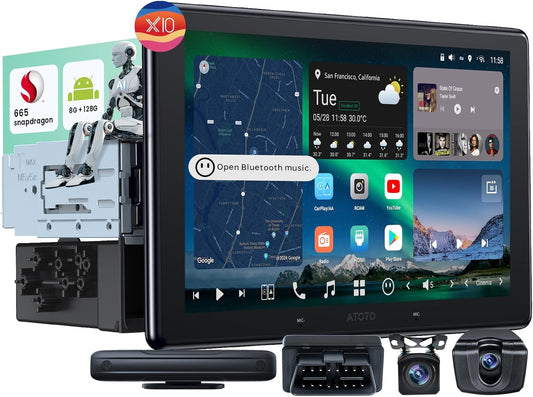X10 8-Core 10.1" Single & Double Din Android 13 Car Stereo with 1080P Dash Cam Front and Rear +OBD2 Scanner 5in1, 8+128G Floating QLED Touchscreen Wireless CarPlay Android Auto Car Radio with ChatGPT