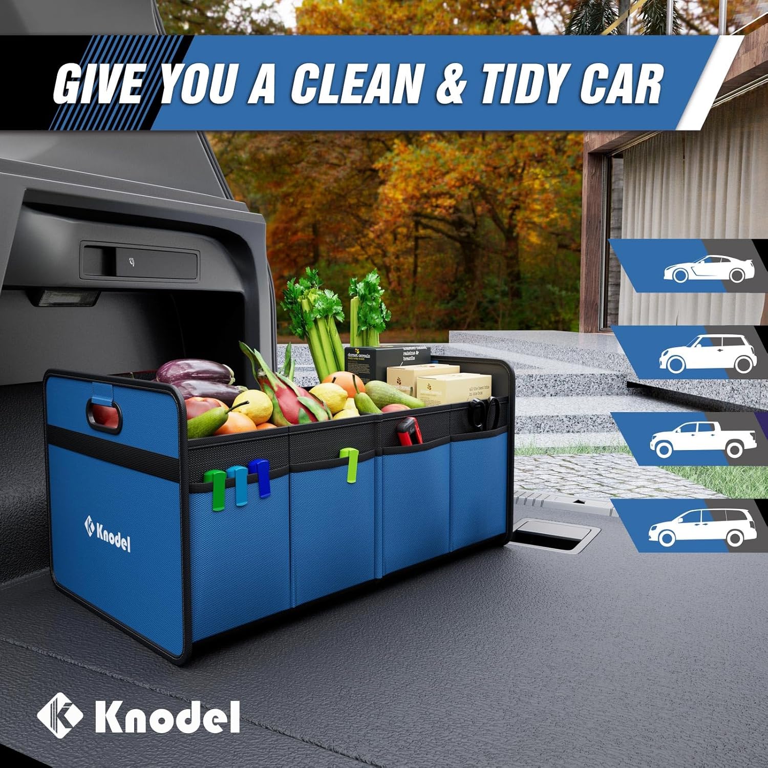 K KNODEL Car Trunk Organizer, Foldable Organizer for Car, Automotive Consoles & Organizers, Storage with Reinforced Handles (Small, Blue)