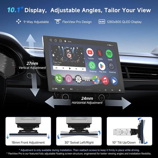 A6PF 8-Core 10.1" Single & Double Din Android Car Stereo, 2+32G Wireless CarPlay Android Auto Car Radio with Floating QLED Touchscreen, ChatGPT, GPS Tracker, HD LRV, WiFi/BT/USB, Dual Bluetooth